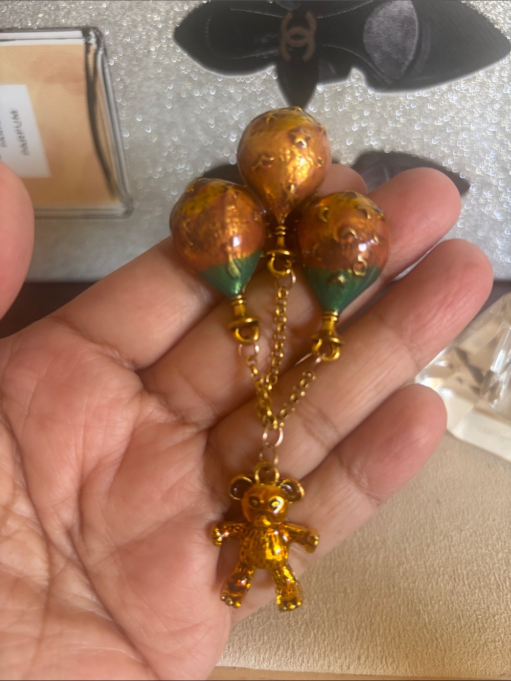 Gold and Green Balloon Bear Charm Pendant Brooch